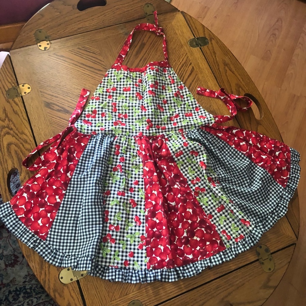 Vintage Rockabilly Cherries and Gingham Print Bib Apron - Picture 2 of 12